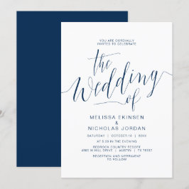 Invitación Caligrafía boda, azul marino simple