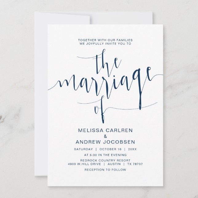 Invitación caligrafía Boda, azul marino simple, matrimonio (Anverso)