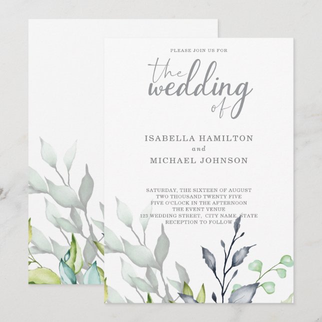 Invitación Caligrafía Boda botánico elegante (Anverso / Reverso)