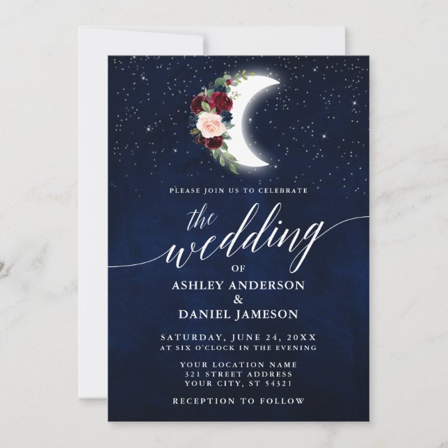 Invitación Caligrafía Boda celeste Estrellas de la luna flora (Anverso)