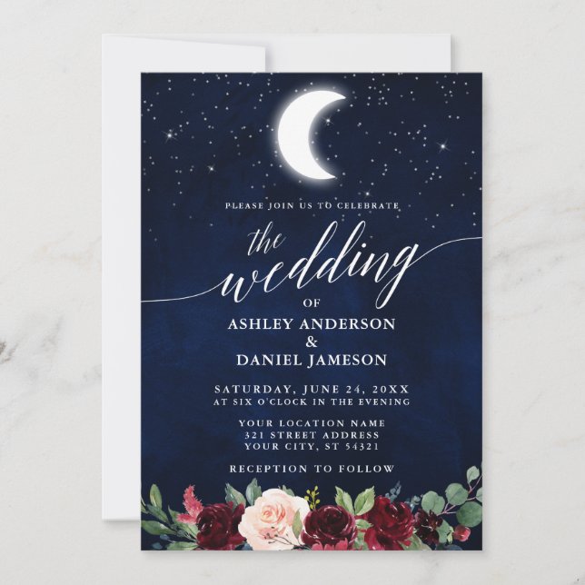 Invitación Caligrafía Boda celeste Moon Stars Floral (Anverso)