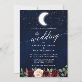 Invitación Caligrafía Boda celeste Moon Stars Floral