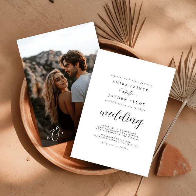 Invitación Caligrafía Boda de fotografía de Black White Rusti (Subido por el creador)