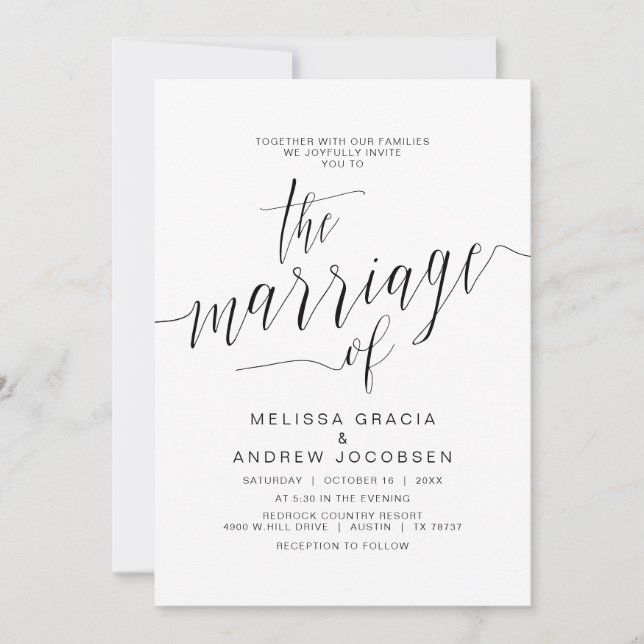Invitación Caligrafía boda, escritura negra simple, matrimoni (Anverso)