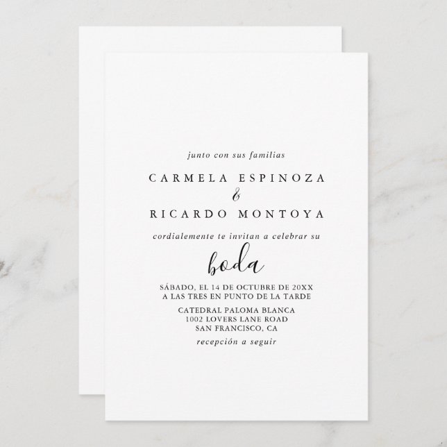 Invitación Caligrafía Boda español blanco y negro (Anverso / Reverso)