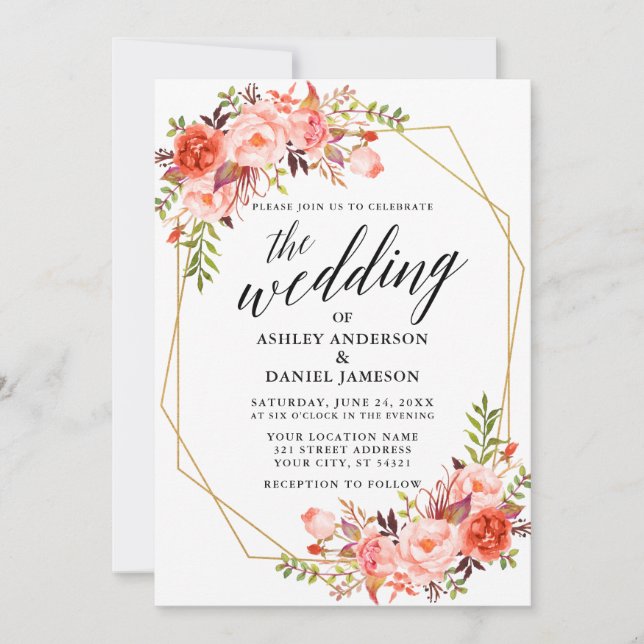 Invitación Caligrafía Boda geométrico Coral Floral (Anverso)
