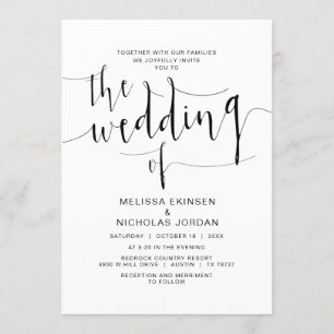 Invitación Caligrafía Boda, Negro Simple, Con Familias