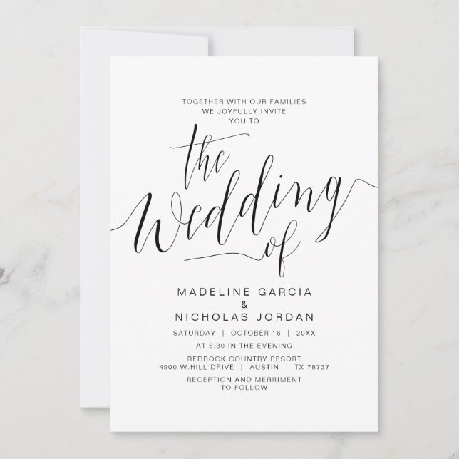 Invitación Caligrafía Boda, Negro Simple, Con Familias (Anverso)