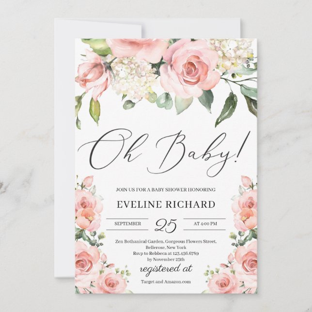 Invitación Caligrafía bohemia floral rosa brillante Oh bebé (Anverso)