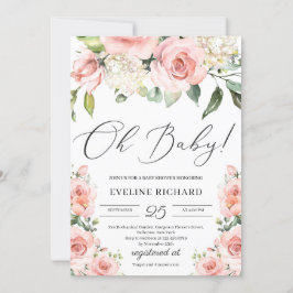 Invitación Caligrafía bohemia floral rosa brillante Oh bebé