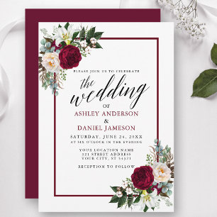Invitación Caligrafía Borgoña Marco verde Boda Floral
