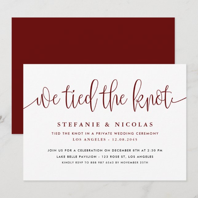 Invitación Caligrafía Borgoña Que Amarramos Al Boda De Knot (Anverso / Reverso)