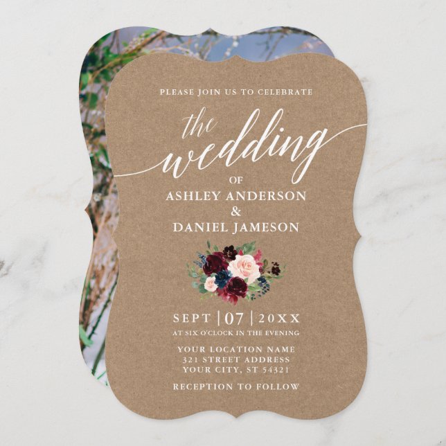 Invitación Caligrafía Burgundy Blue Floral Kraft Photo (Anverso / Reverso)