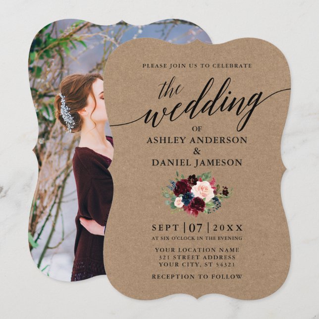 Invitación Caligrafía Burgundy Blue Floral Photo Kraft (Anverso / Reverso)