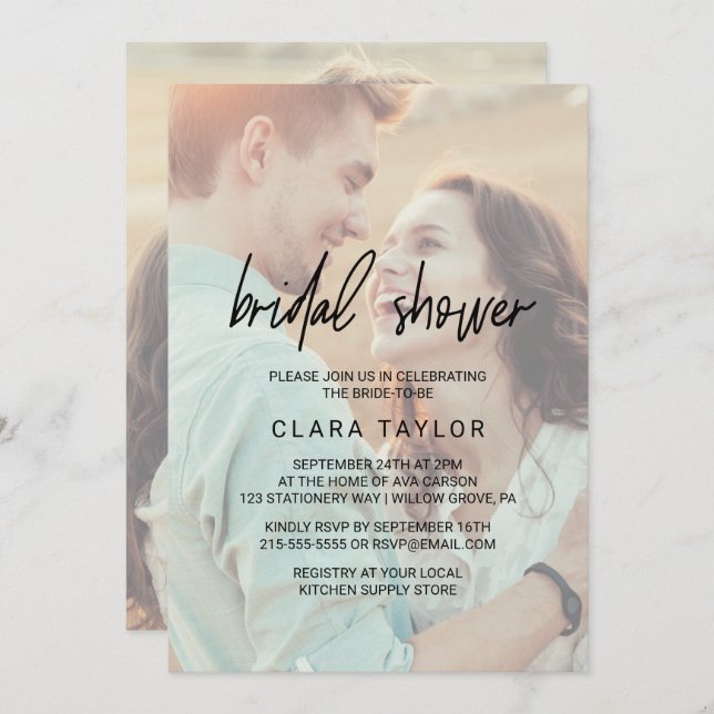 Invitación Caligrafía caprichosa | Faded Photo Bridal Shower (Anverso / Reverso)