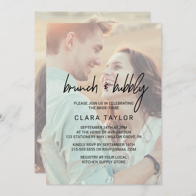 Invitación Caligrafía caprichosa Faded Photo Brunch & Bubbly (Anverso / Reverso)