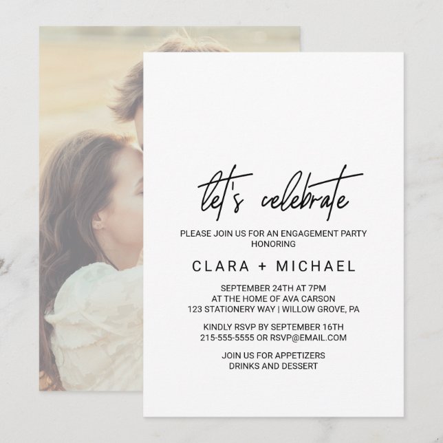 Invitación Caligrafía Caprichosa Foto Atrás Celebremos (Anverso / Reverso)