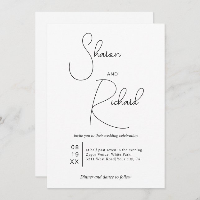 Invitación Caligrafía caprichosa negra Código Qr boda blanco (Anverso / Reverso)
