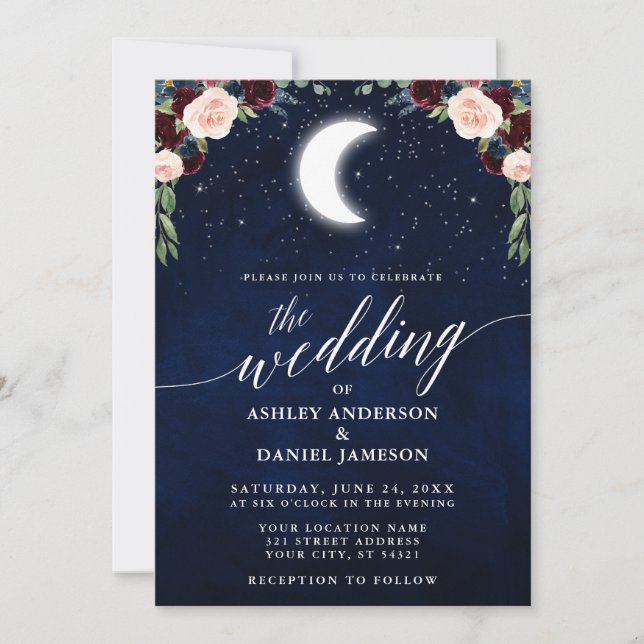 Invitación Caligrafía Celestial Estrellas de la luna Boda flo (Anverso)