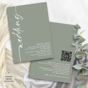 Invitación Caligrafía Clásica Código QR Boda verde sabio