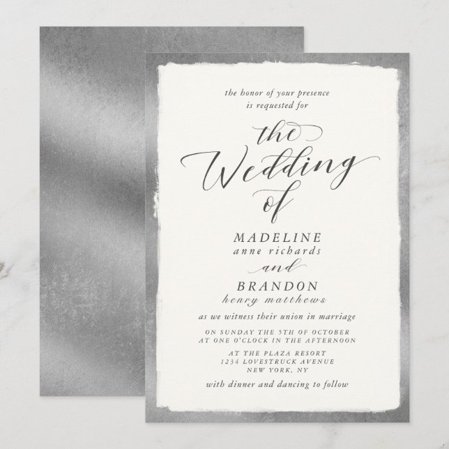 Invitación Caligrafía con Boda lujoso del borde plateado (Anverso / Reverso)