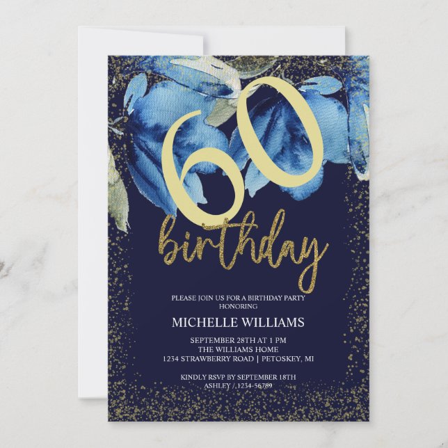 Invitación Caligrafía con brillo floral índigo (Anverso)