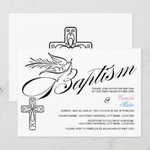 Invitación Caligrafía Cruz y Paloma Bautizo Gemelos