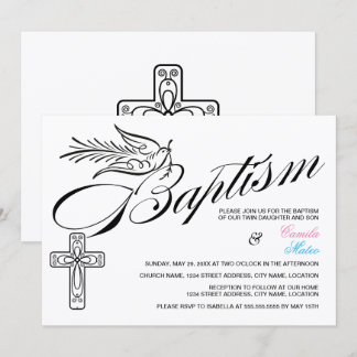 Invitación Caligrafía Cruz y Paloma Bautizo Gemelos