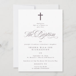 Invitación Caligrafía cruzada púrpura Taupe Baptism Invite
