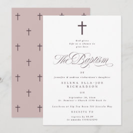 Invitación Caligrafía cruzada púrpura Taupe Baptism Invite