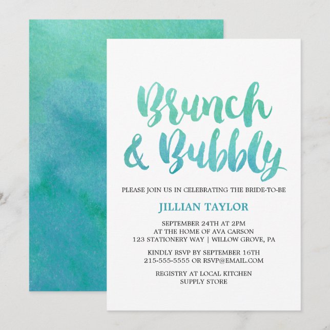 Invitación Caligrafía de acuarela Destino Brunch & Bubbly (Anverso / Reverso)