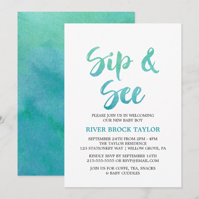 Invitación Caligrafía de acuarela Sip y See (Anverso / Reverso)