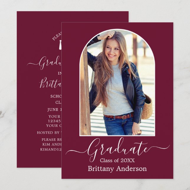 Invitación Caligrafía de arco moderno Partido de Graduación d (Anverso / Reverso)