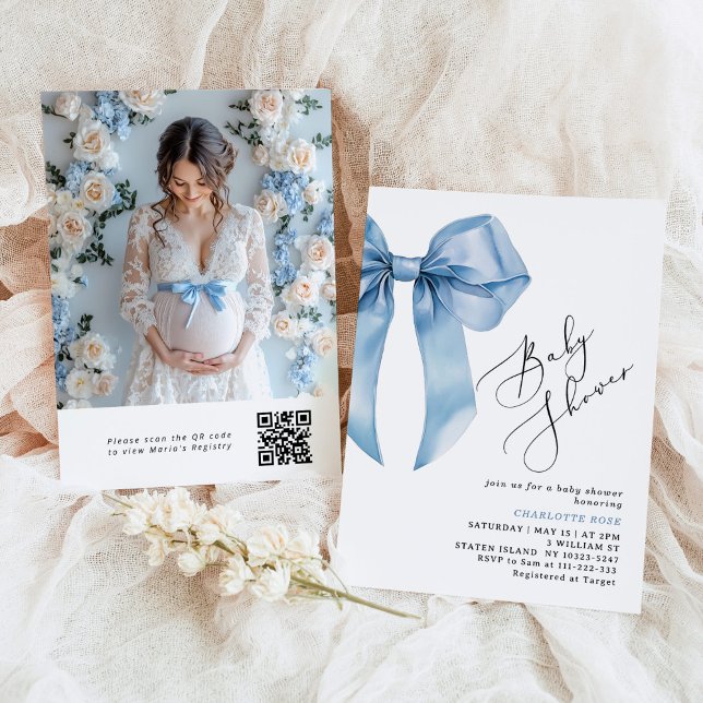 Invitación Caligrafía de Blue Bow Foto Código QR Baby Shower (Subido por el creador)
