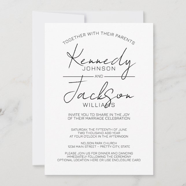 Invitación Caligrafía de Boda MCM moderna en blanco y negro (Anverso)