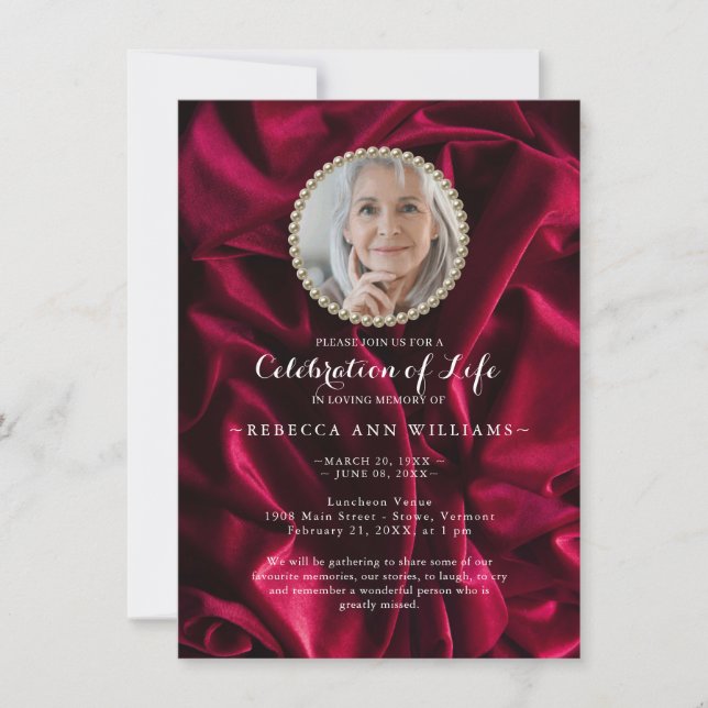 Invitación Caligrafía de Borgoña Foto Celebración de la Vida (Anverso)