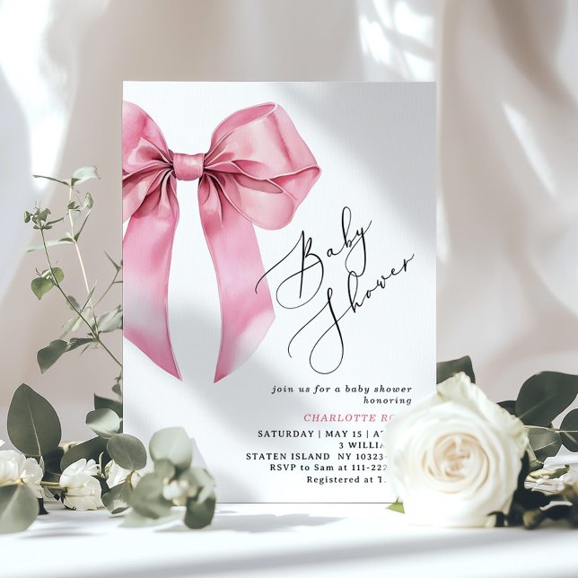 Invitación Caligrafía de Bow rosa Coquette Baby Shower (Subido por el creador)