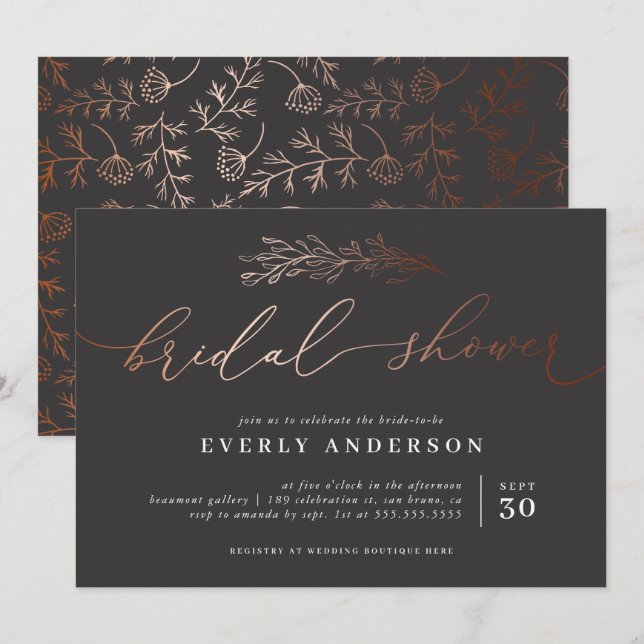 Invitación Caligrafía de cobre de moda | Ducha Bridal Elegant (Anverso / Reverso)