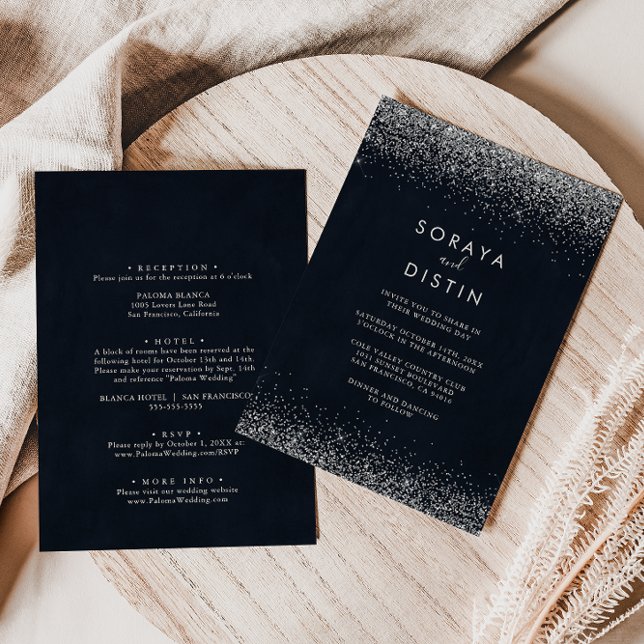 Invitación Caligrafía de confetti plateado Atrás y Boda delan (Subido por el creador)