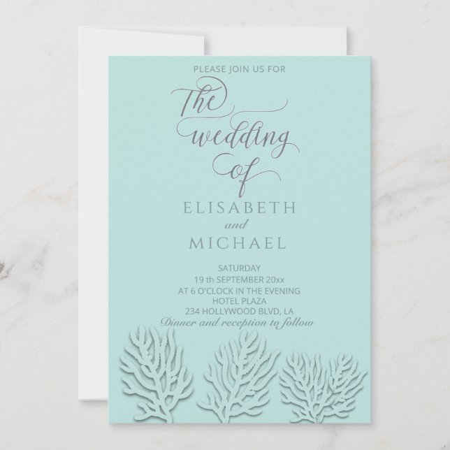 Invitación Caligrafía de coral romántico azul grabado en reli (Anverso)