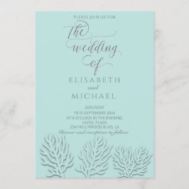 Invitación Caligrafía de coral romántico azul grabado en reli