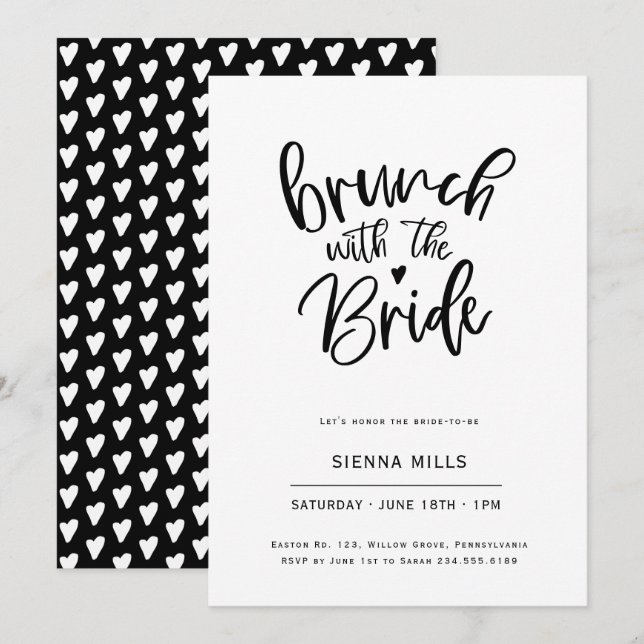 Invitación Caligrafía de Corazón Blanco y Negro Brunch Bridal (Anverso / Reverso)