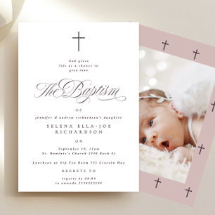 Invitación Caligrafía de cruz morada Taupe Foto Bautismo