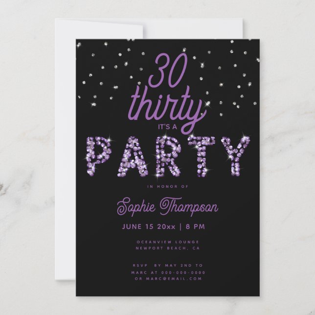 Invitación Caligrafía de Diamantes de imitación morados 30 cu (Anverso)