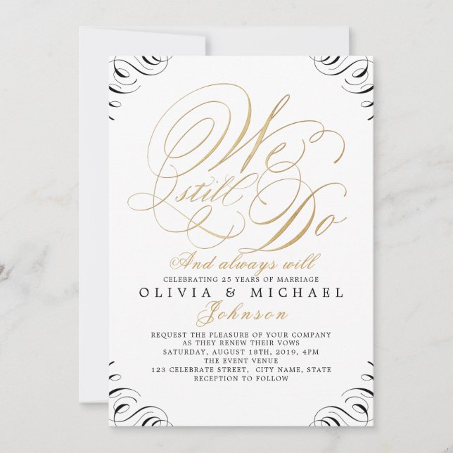 Invitación Caligrafía de época elegante en oro negro que TODA (Anverso)