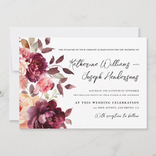 Invitación Caligrafía de escritura Bouquet Floral Borgoña Bod (Anverso)