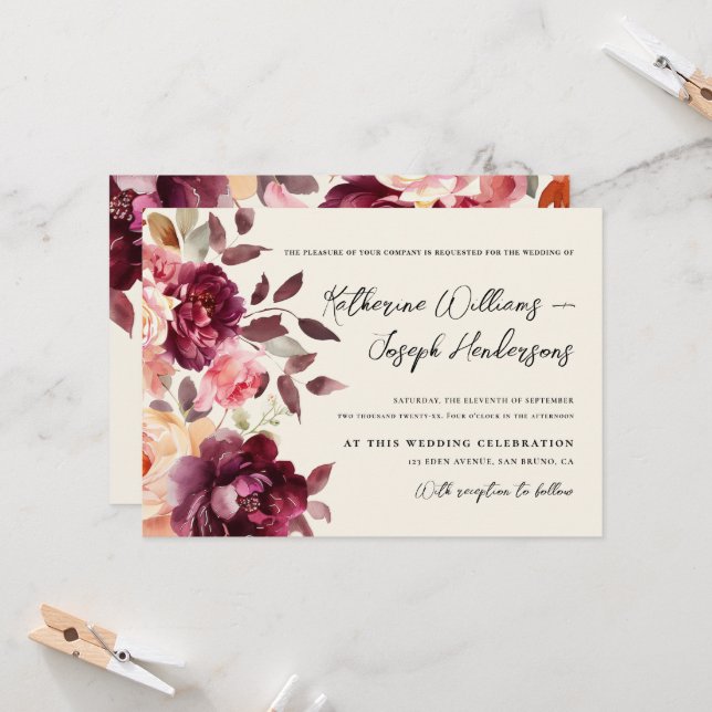 Invitación Caligrafía de escritura Bouquet Floral Borgoña Bod (Anverso/Reverso In Situ)