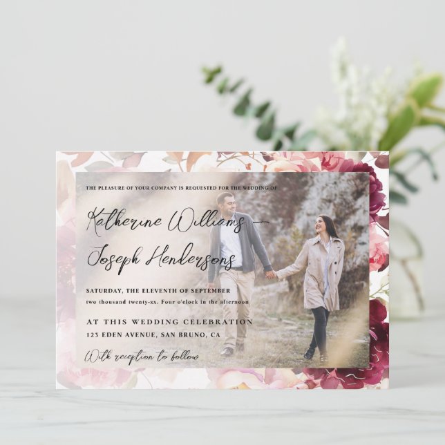 Invitación Caligrafía de escritura de Borgoña Jardín Boda de  (Anverso de pie)