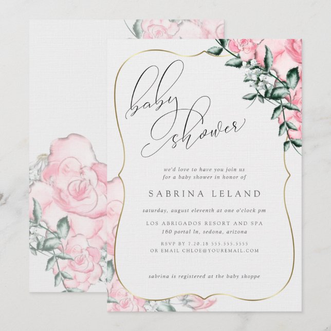Invitación Caligrafía de escritura moderna Baby Shower rosa r (Anverso / Reverso)
