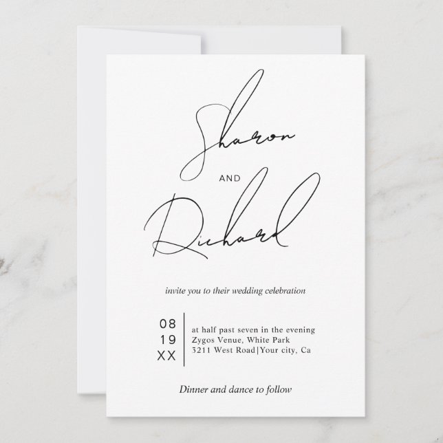 Invitación Caligrafía de escritura moderna boda QR blanco neg (Anverso)
